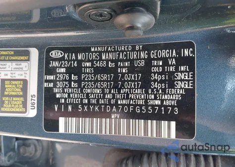 2015 Kia Sorento Lx V6 из США, поврежденный, VIN 5XYKTDA70FG557173